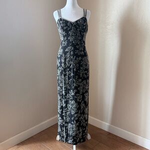 Vintage Black Tie by Oleg Cassini 1990s Black Silk Floral Beaded Maxi Dress 8